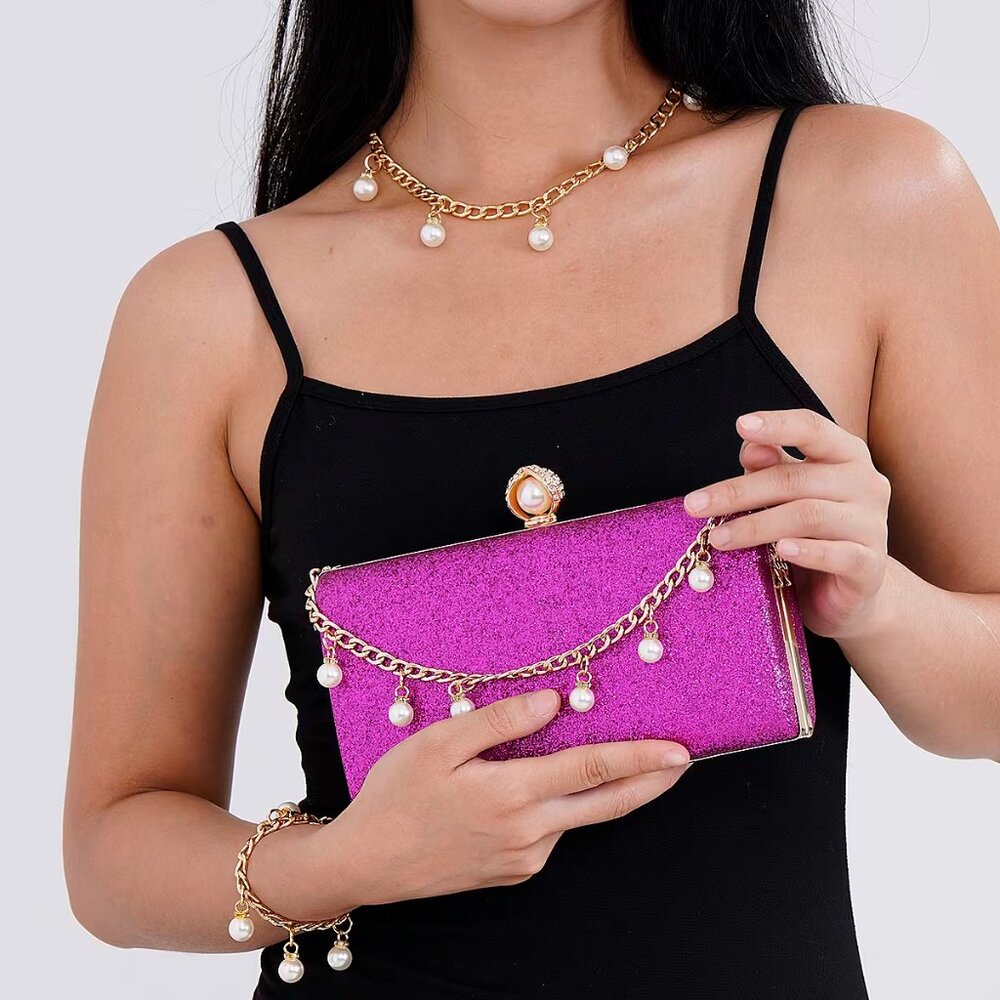 3 Piece Set Fuchsia Clutch Crossbody Handbag Pearl Bracelet & Chain